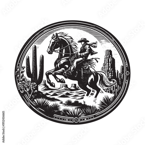 Cowboy riding horse in desert landscape