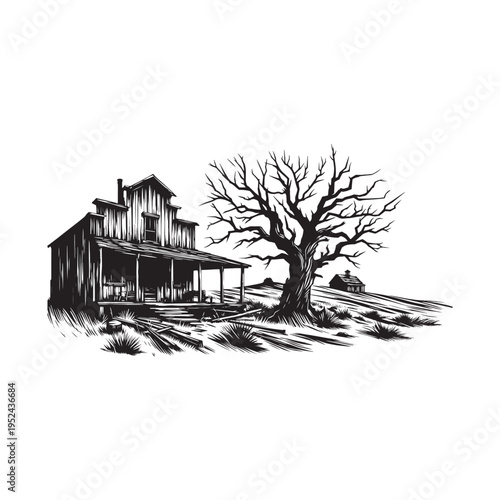 A black and white drawing of a house and a leafless tree