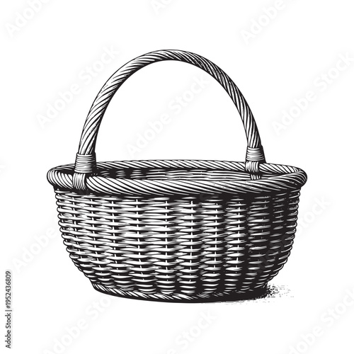 A black and white image of a wicker basket