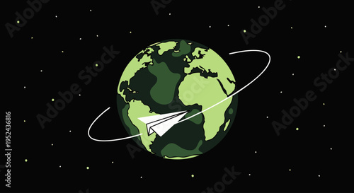 Stylized green Earth with a paper airplane orbiting, depicting concepts of global travel, worldwide connection, and eco-friendly transport.