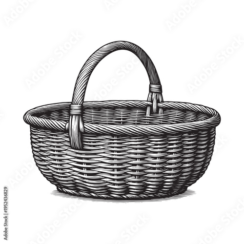 A black and white image of a wicker basket