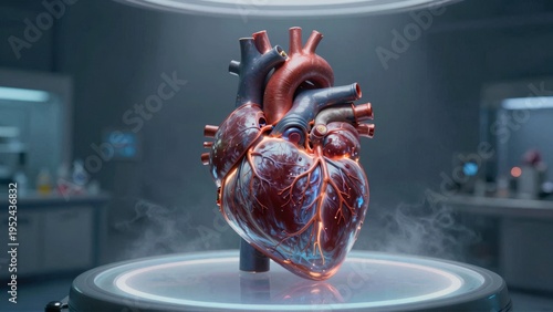 Glowing human heart model in laboratory setting