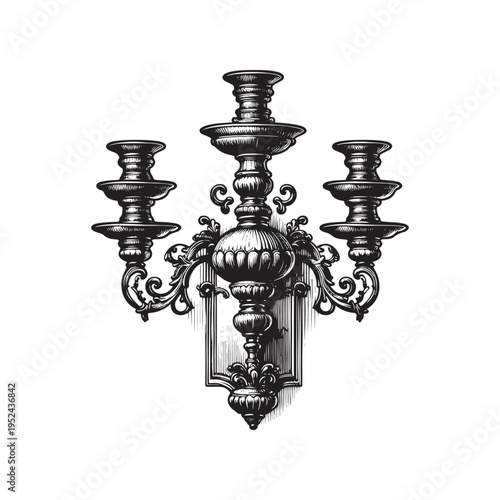 A black and white drawing of a wall mounted candle holder
