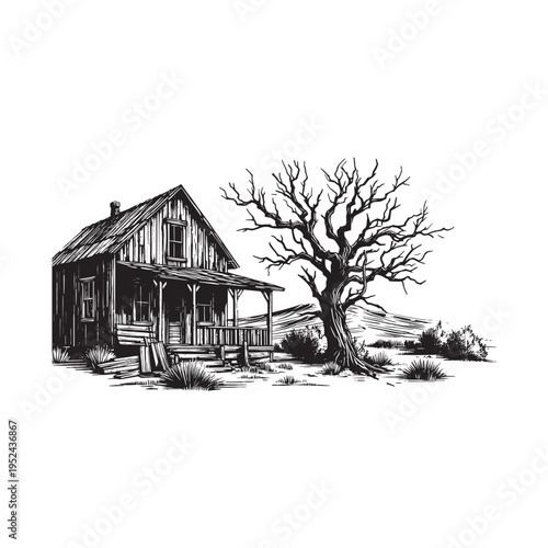 Old house with a tree in a rural setting