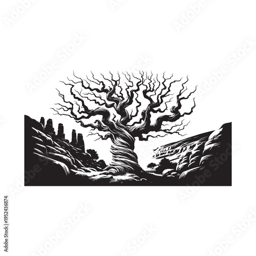 A black and white drawing of a tree with no leaves on a rocky hillside