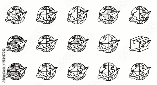 Global delivery and logistics concept with paper airplanes circling the Earth and a package, representing worldwide shipping and international communication.