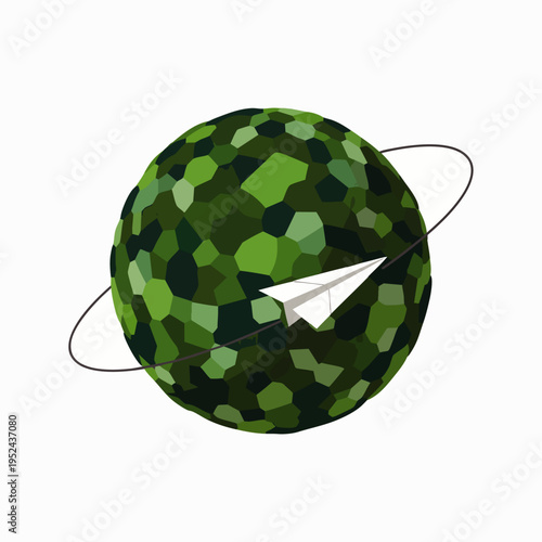 Green textured planet with a paper airplane orbiting, symbolizing global travel, eco-friendly communication, and environmental connection.
