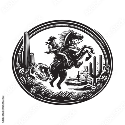 A cowboy on a horse in the desert with cacti