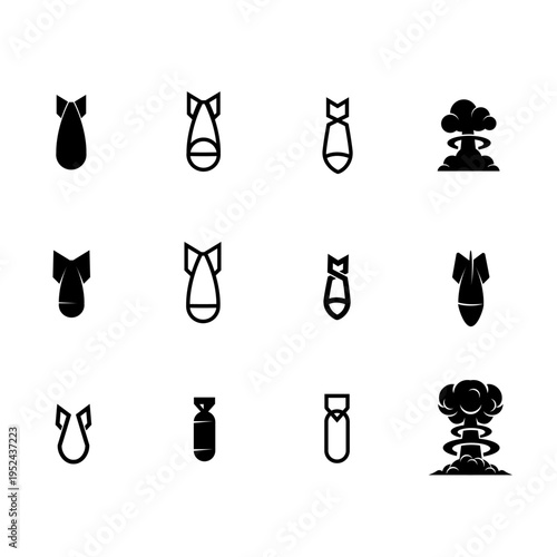 Bomb and Nuclear Explosion Icons Set. Vector Symbols of Warfare and Danger.