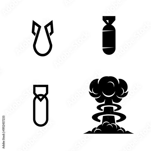 Nuclear Bomb and Conventional Weapons Vector Icons Set with Atomic Mushroom Cloud Explosion