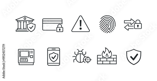 Minimal line icon set showing cybersecurity and digital protection concepts including authentication, locks, shields, firewall, alerts, and banking