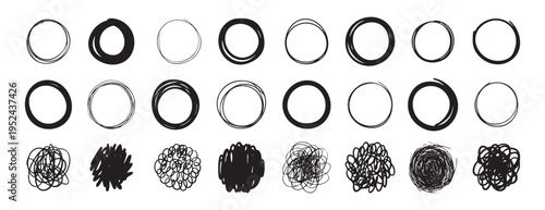 Grunge ink circles with dense scribbles artist texture study exploring heavy fill, blotches, smudges and grainy noise, ideal for stamp effects, distressed prints and packaging mockups