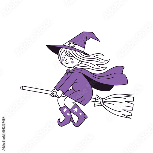 Cute cartoon witch flying on broomstick with purple costume.