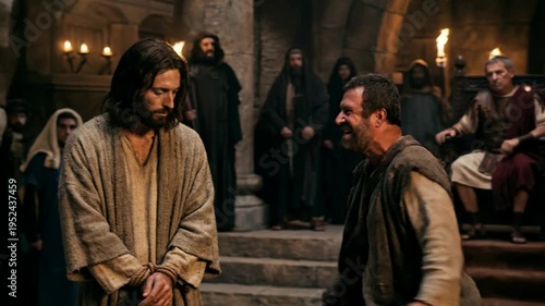 Jesus on trial before pontius pilate with barrabas being released. Religious scene depicting biblical suffering and forgiveness.