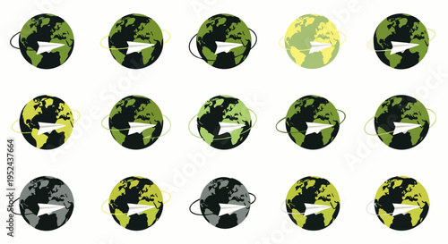 Global communication network concept with paper planes orbiting green and yellow earth globes, representing travel, technology, and environmental connection.