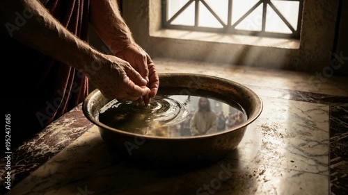 Pontius Pilate washing hand in basin with reflection of Jesus Christ. Biblical trial scene where governor prepares to release Barabbas. Religious history drama.