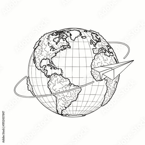 Paper airplane flying around a detailed Earth globe, symbolizing global travel, international communication, worldwide journey, and exploration in a clean outline style.
