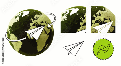 Green earth globe with a paper airplane symbolizing global eco-friendly communication, travel, and environmental sustainability, with a leaf badge.