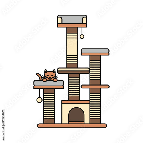 Cute Cat Enjoying a Multi-Level Cat Tree with Scratching Posts.