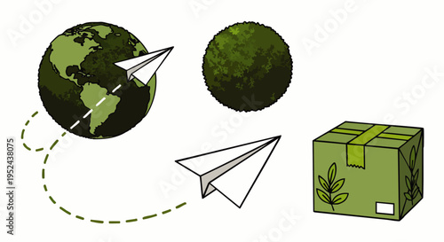 Eco-friendly global delivery concept featuring paper airplanes, green Earth, and sustainable packaging. Illustrates environmental logistics and responsible shipping.