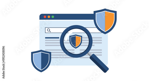 Cybersecurity concept with magnifying glass and shields on browser window.