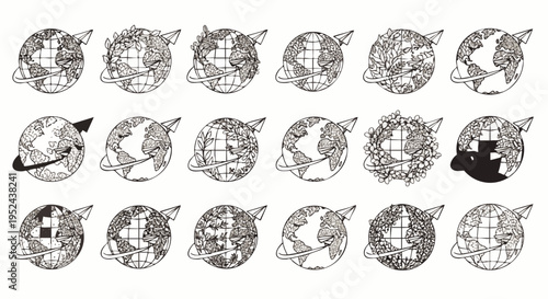 Hand-drawn Earth illustrations depicting global travel, connectivity, and environmental concepts. A collection of doodle art with airplanes, arrows, and abstract patterns.