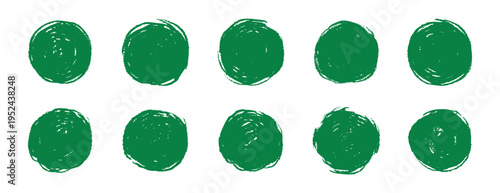 Green hand drawn pencil circle seals clustered with rough edges, vintage handcrafted texture suggesting organic product authenticity for packaging, market displays, eco branding, and product tags