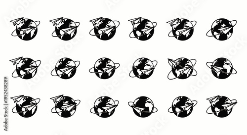 Seamless pattern of paper airplanes circling the globe, representing worldwide travel, global communication, and international network connections.