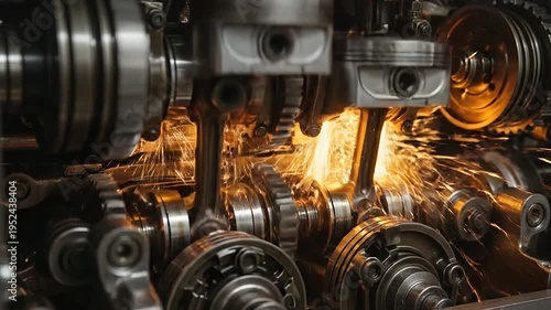 Close up of internal combustion engine components with moving gears, connecting rods, and bright sparks flying during operation.
