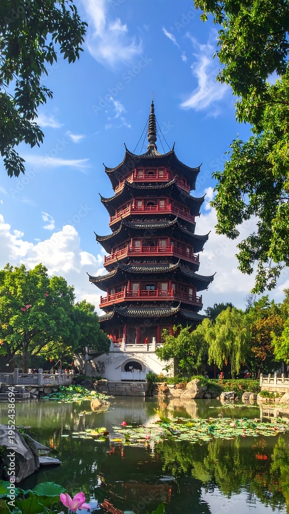 Fototapeta premium A serene pagoda stands by a pond surrounded by lush greenery