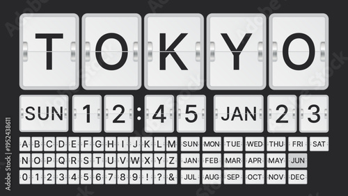 Flip Clock Display Alphabet and Calendar Set. Mechanical Split Flap Letters, Numbers, Days and Months Elements Vector Illustration