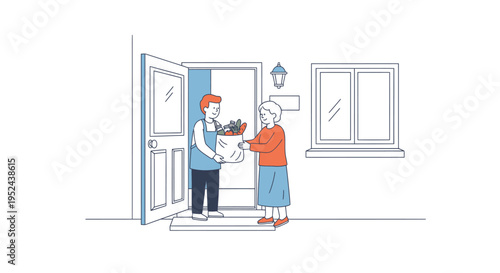 Delivery person handing groceries to an elderly woman at her doorstep.