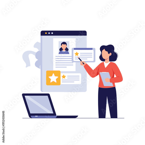 Woman presenting online profile on screen with laptop.