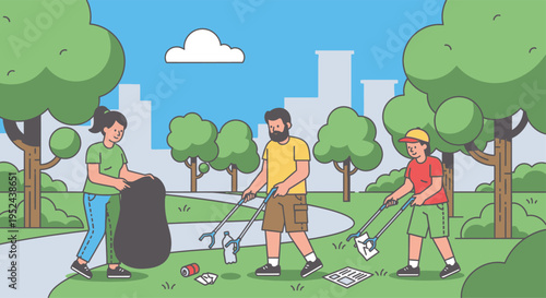 People cleaning park litter with tools.