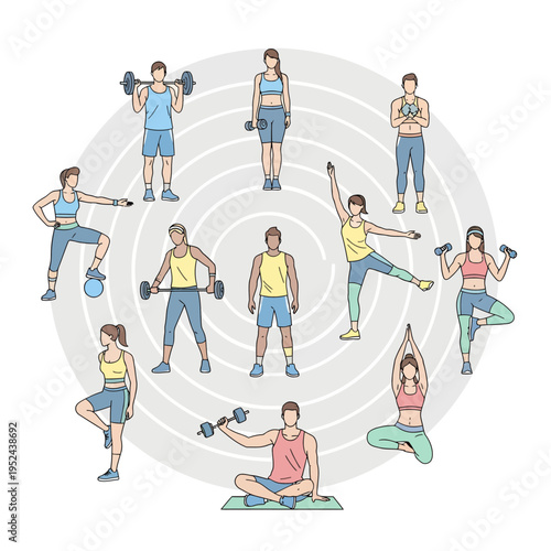 People exercising with dumbbells and yoga.
