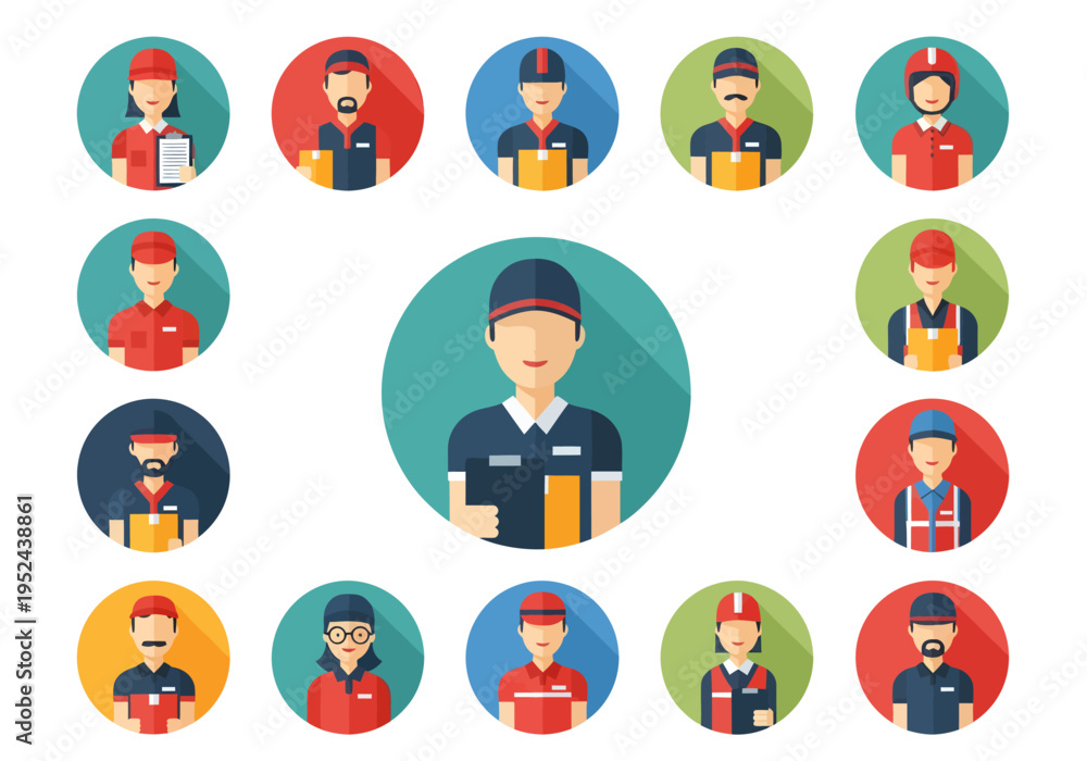 Fototapeta premium Delivery man with various helpers icons.