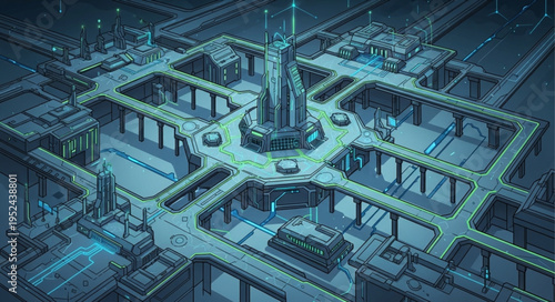 Futuristic Cityscape with Central Tower and Elevated Roadways.