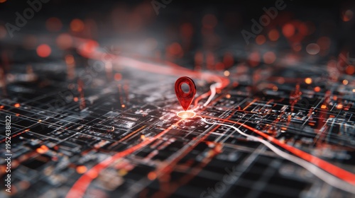 Digital map with a location pin on abstract city grid