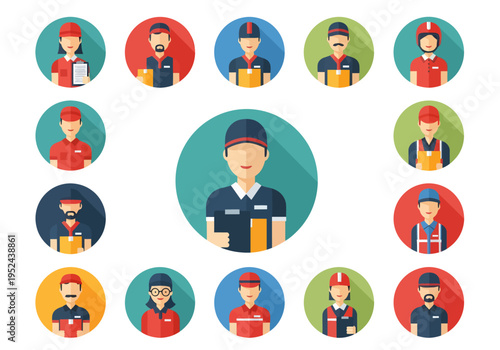 Delivery man with various helpers icons.