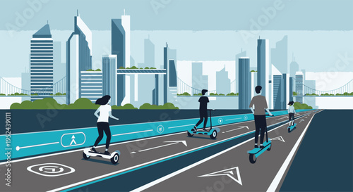 People riding electric scooters and hoverboards on smart city lanes.