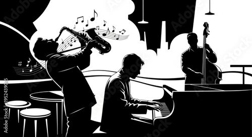 Silhouetted Jazz Trio Performing on Stage with Musical Notes.