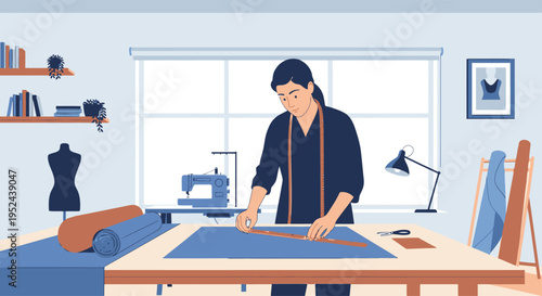 Woman tailor meticulously measuring fabric for garment creation.