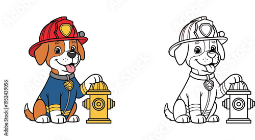Cute Firefighter Puppy Dog with Fire Hydrant Illustration - Colored and Line Art Versions for Kids Coloring Page Activities
