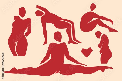Human woman shapes, abstract cropped figure motion, crisp body lines. Silhouette full-body and body part bold color series, use graphic composition for placards and postures. Isolated. Vector.