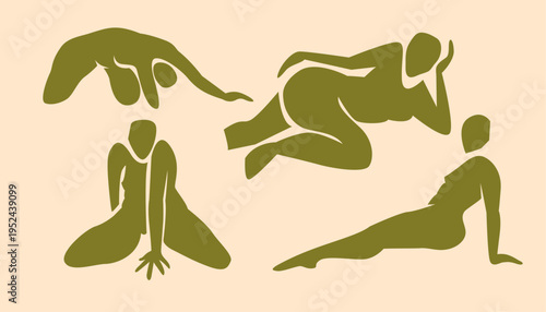 Human woman shapes, abstract cropped figure motion, crisp body lines. Silhouette full-body and body part bold color series, use graphic composition for placards and postures. Isolated. Vector.