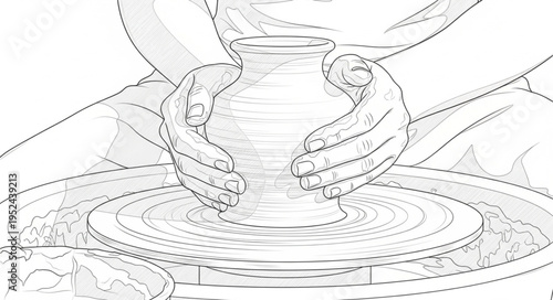 Hands shaping clay on a pottery wheel, creating a vessel.