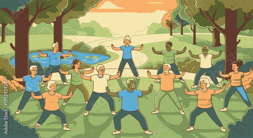 Diverse group of seniors exercising together outdoors in a park setting.