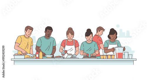 Diverse group of people working together in a kitchen.