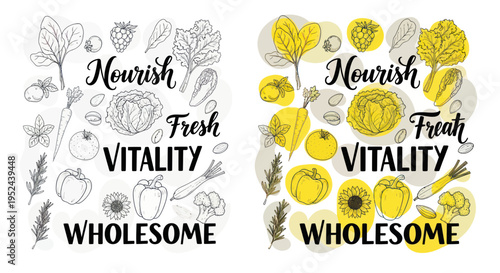 Nourish Fresh Vitality Wholesome - Hand-drawn Vegetables and Herbs