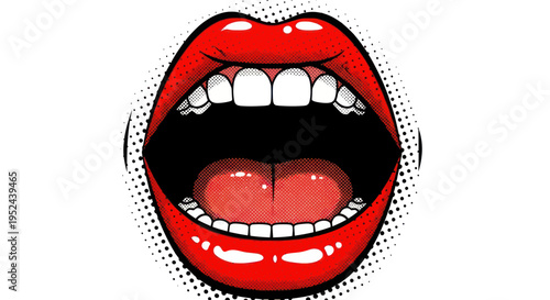 Open Mouth Red Lips Biting Tongue Pop Art Style Illustration